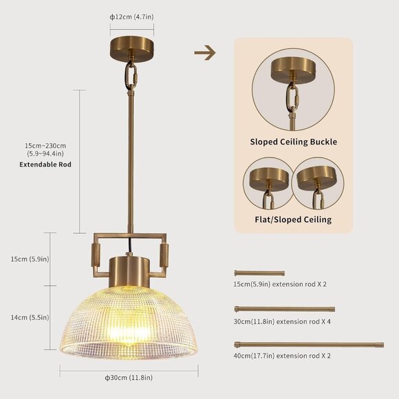 NEW 11.8" Gold Glass Pendant Light Modern Vintage Fluted Dome Shade - Picture 3 of 5